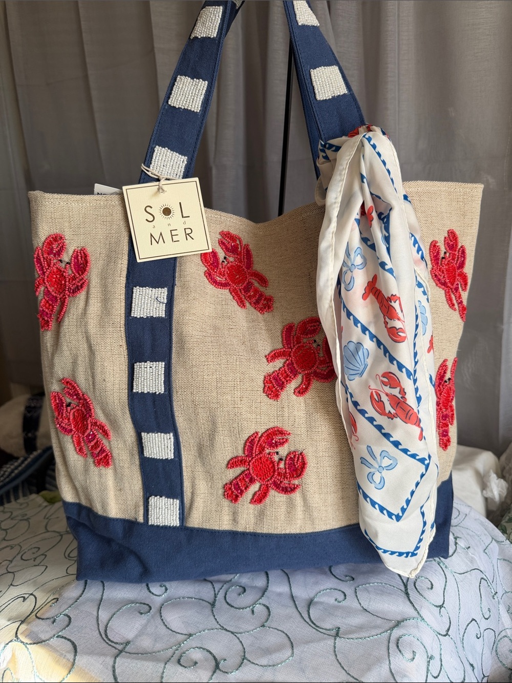 Sol & Mer Red Lobster Embroidered Navy-Trim Canvas Tote w/scarf!